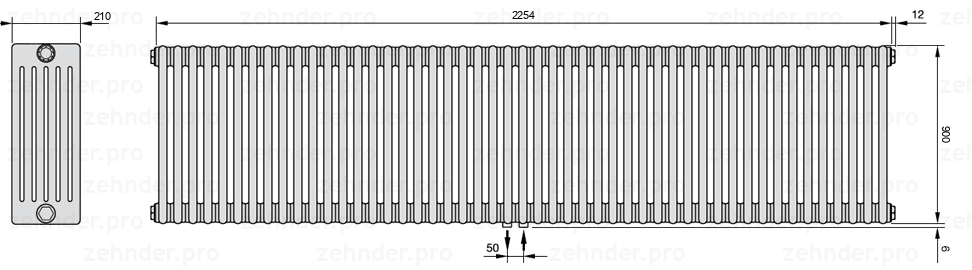 Схема (чертеж) Радиатор Zehnder Charleston 6090/49 №5410 Белый глянцевый RAL 9016